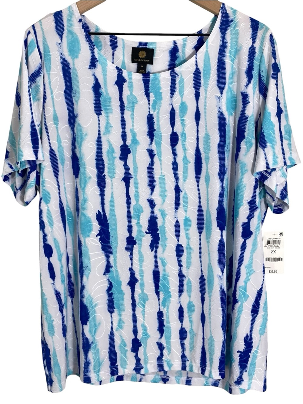 JM Collection Womens Blouse Plus Size 2X Blue White Embroidered Stretch NWT